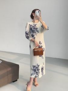 92977 Miyake Spring National Style Round Neck Printed Pleated New Chinese Style Slimming Ruched Dress One Size (45-75kg)