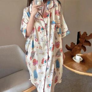 New Sleepwear Shirts Nightdresses Spring and Summer Thin Puppies Printed Womens Fashion Large Size Loose Loungewear Nightwear