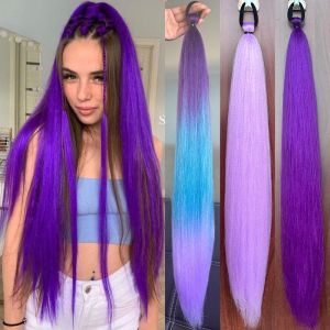LEKGAVD Synthetic Purple Ponytail Extension Colored with Rubber Band Braided Pony Tail Hairpiece Hair Accessories Blue Long Straight DIY Hair Women