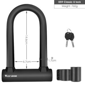 WEST BIKING Bicycle Lock MTB Road Bike Lock Anti-Theft U Lock With Keys Steel Security Motorcycle Lock Bicycle Accessorie