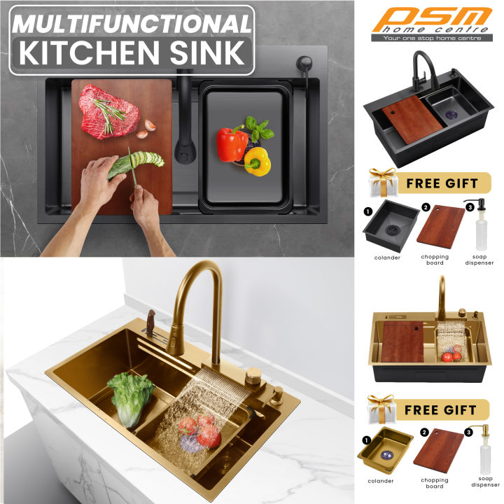 Stainless Steel 304 WaterFall Black Gold NANO WorkStation Kitchen Sink