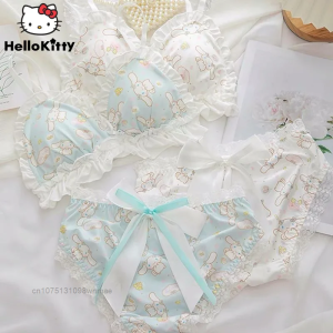 Sanrio Cinnamoroll Sweet Cute Pleated Lace Edge Underwear Suit Womens Cartoon Lingerie Triangle Cup Thin Style 2 Pcs Bra Set