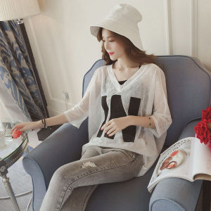 LOMOGI Áo Thun Nữ Dệt Kim + Áo Thun Mùa Hè Rộng Cổ Chữ V In Áo Thun Rỗng 2 Mảnh Set Áo Nữ