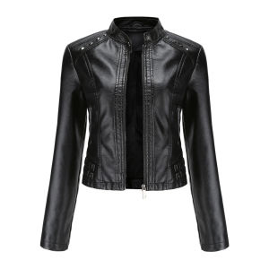 EsHi 2023 Womens Moto Biker Zipper Jacket Short Motorcycle Leather Jacket