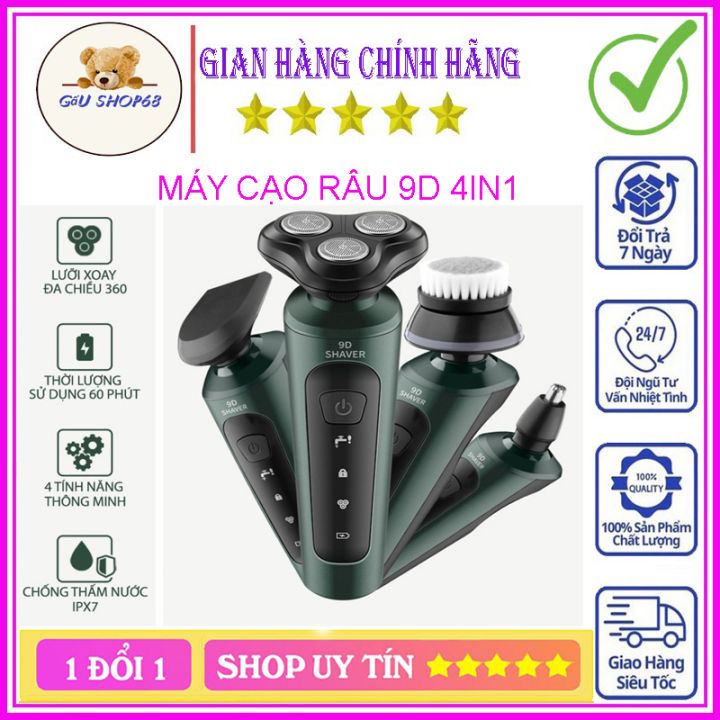 Máy cạo râu sạc điện 9D Shaver 4 trong 1, cạo râu, tỉa lông mũi, cắt tóc, chống nước tốt máy cạo râu khô cho nam 3 lưỡi dao vệ sinh thay thế dễ dàng. Dụng cụ tỉa râu tiện lợi gọn nhẹ,cạo râu 3 đầu philiplus ES178