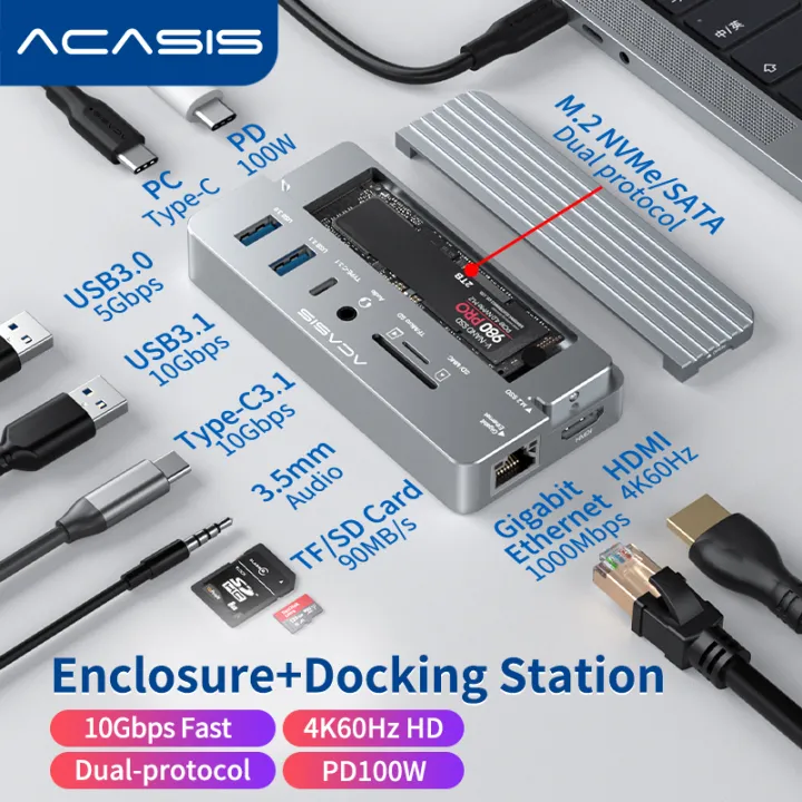 ACASIS 10-in-1 USB-C Docking Station with M.2 SSD Enclosure - 10Gbps Hub, 4K@60Hz HDMI, 100W Fast Charging, SD/TF/LAN/Audio | Compatible iPad/Android/PC/M a c