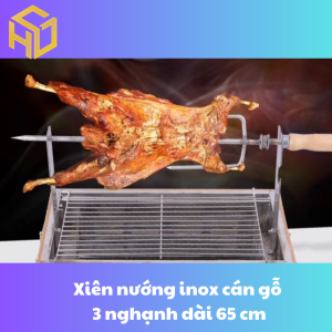 Xiên nướng gà vịt đinh ba cán gỗ – Dài 65cm – Dành cho máy quay tại bàn – Inox 201 dày chuyên dụng nướng đùi dê đùi cừu