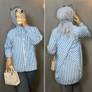 Kemeja Kerja silang belakang motif salur matt poly rayon