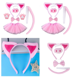 Pig Ears Headband Nose Tutus Tail Bowtie SetFancy Animal Cosplay Pink Pig Costume Halloween Dress Up Party Decoration