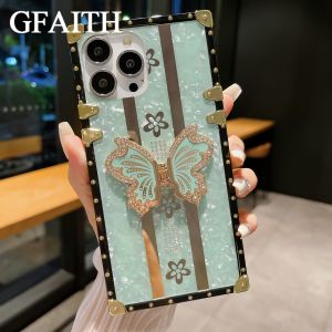 GFAITH Case  OPPO A5i A3X A60 4G A3 5G 4G  A3 Reno 13 13F 12F 11F 11F A38 4G Reno10 10Pro Reno 10 Pro+ 5G 2023 Reno8 T 4G 5G A78 A17 A77S A77 5G Casing Ins Luxury Fashion Rhinestone Clover Hard Straight Sided Square Diamond case with butterfly Bracket