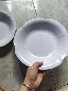 Dĩa tròn hoa nhựa melamine trắng bóng đựng thức ăn nhiều size DH 106