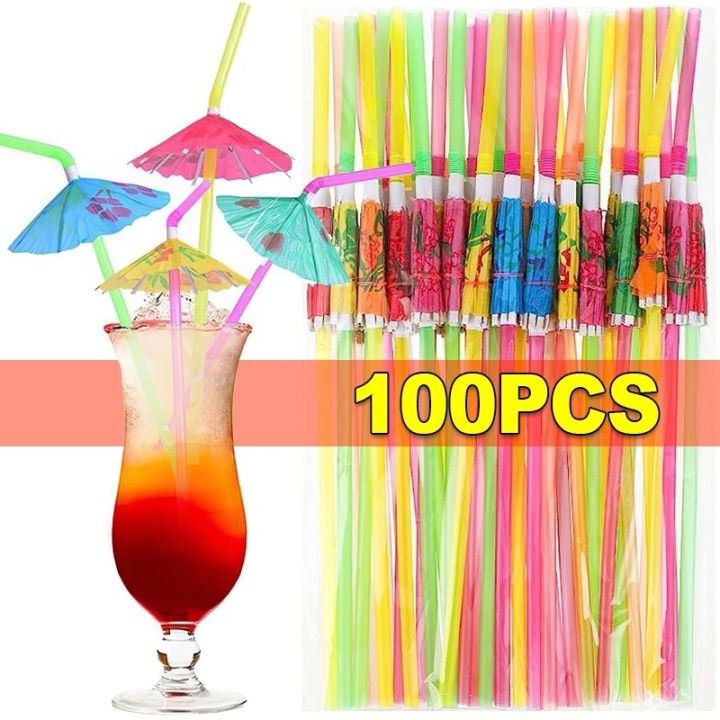 10 100pcs Mix Color Tropical Umbrella Straws Disposable Transparent