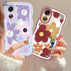 Xinyu Casing hp OPPO A18 A58 A78 A38 A17 A17k A16 A16K A16e A57 4G A77s A15 A15S A15 A12 A5S A54 A7 A95 A3S A11k A53 A33 A31 2020 A52 A92 F9 A76 A9 2020 Minyak Lukisan Macaron Ungu Bunga Merah Bunga Tepi Bergelombang TPU Soft Bening Case