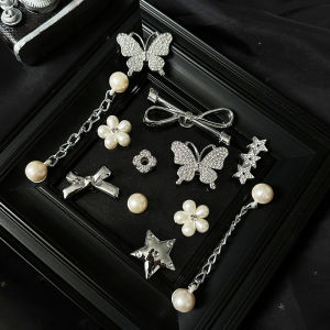 12Pcs Crocs Jibbitz Charms Silver Diamond-encrusted 3D Butterfly Shoe Buckle Detachable Pearl Shoe Chain for Crocs