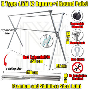 X MODEL 1.5 M (WITH WHEELS) Stainless Steel Extendable rack | Foldable Laundry Rack | Drying rack Clothes Drying Rack