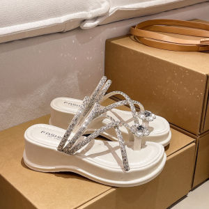 Free Shipping Thick-Soled 5.5Cm Height-Increasing Rhinestone Flower Slippers For Women Summer Outdoor Wear Fashionable And Versatile Silver New Style