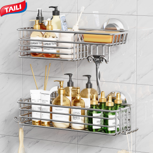 TAILI Shower Rack Suction Cup 2-Pack with Hooks and Soap Holder Heavy Duty Shower Storage Rack for Bathroom No Drilling Black Shower Rack Suitable for Shower Rack Black Metal Shower Rack