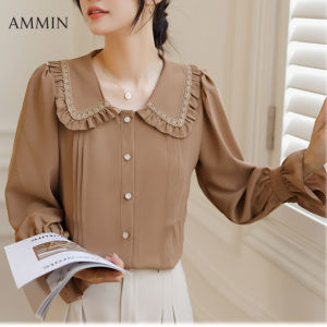 AMMIN 2023 New Pháp Cổ Điển Ép Áo Tương Tự Như Chắp Vá Cổ Áo Búp Bê Dài-Tay Áo Cánh Vải Voan Phụ Nữ Của Phiên Bản Hàn Quốc Phong Cách Vẽ Xếp Li Thiết Kế Tai Gỗ Hoa Cạnh Tính Khí Nhẹ Nhàng Đi Lại Áo Blouse Thanh Lịch