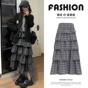 COD black plaid cake skirt womens spring and autumn new high-waisted and thin a-shaped skirt medium and long skirt tutu skirt 2026 new product