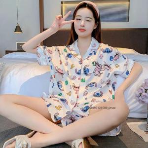 Summer Stitch 2Pcs Womens Short Sleeve Pajamas New Anime Girl Cartoon Fashion Ice Silk T-Shirt Shorts Student Casual Loungewear
