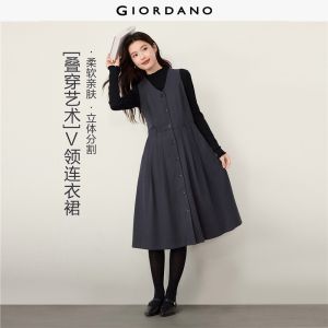 Giordano Beau Monde Women V-neck pleated vest dress Free Shipping 13466703