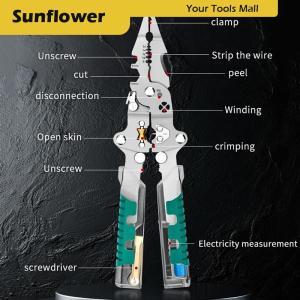 🎀🎁【Special price】Sun คีมปอกสายไฟ8 in 1พร้อมเครื่องทดสอบแรงดันไฟฟ้าเครื่องมือคีมอเนกประสงค์คีมปอกสายไฟแบบพับได้สำหรับตัด