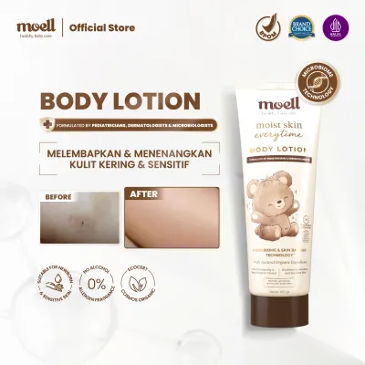 [Baru] Moell Body Lotion Bayi Travel Size 80gr - Melembapkan Kulit Badan Anak - Perawatan Kulit Kering dan Sensitif - Pelembap Bayi Anak Daily Use - Sensitif Kering Ruam - Skincare Bayi Formulasi Dokter dengan Microbiome Teknologi - Skincare Anak