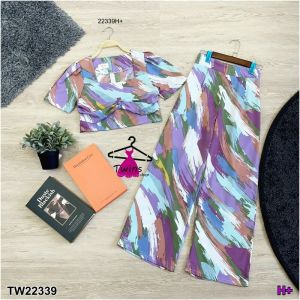 B22339 Set 2 ชิ้น เสื้อ อกแต่งย่น + กางเกงขายาว พิมพ์ลายSet of 2 pieces: wrinkled chest shirt + printed long pants