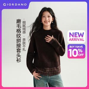 GIORDANO Women Sweaters Fake Two-Piece Layered Plaid Sweaters Raglan Sleeve Fashionable Casual Relaxed Sweaters 18356524