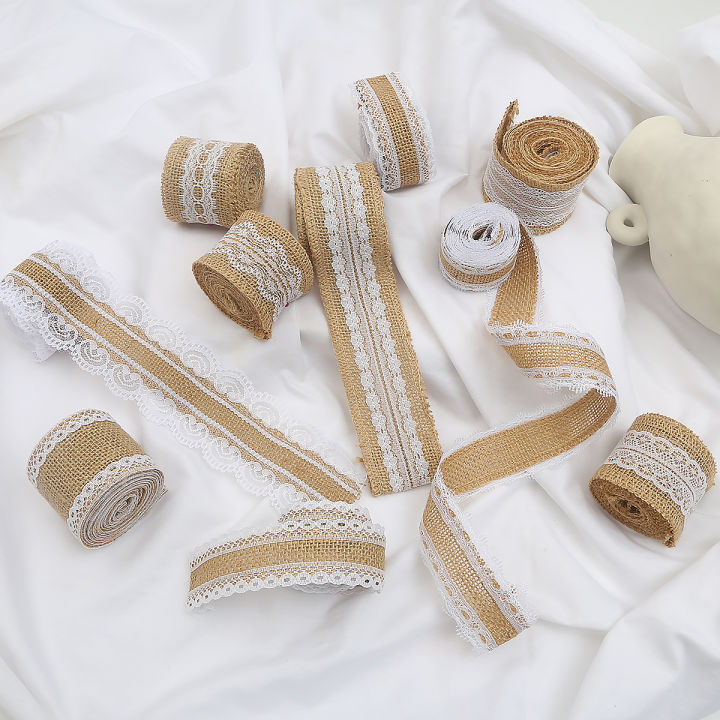 Beige Color Natural Burlap Fabric Jute Roll Ribbon 5mtrs