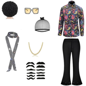 8Pcs 50s 60s 70s 80s Mens Disco Costume Set Disco Outfits Bells Bottom Pants Shirt Wigs Necklace Mustache Sunglasses