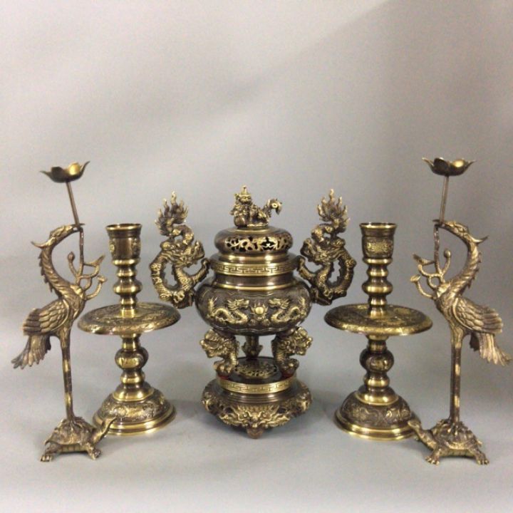 Bộ đỉnh lư thờ bằng đồng hun màu giả cổ cao cấp F34 tam sự ngũ sự ...