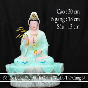 [ Cao 30 cm  40 cm ] Tượng Quan Âm Bồ Tát Ngồi Bệ Đá Màu Vàng Xanh Biển - Chất Liệu Bột Đá Việt Nam