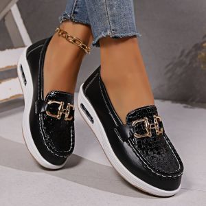 Large Size Casual Loafers Wedge Heel Slip-On Moccasins Thick-Soled Metal Buckle Loafers