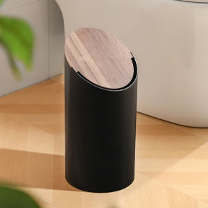 JustLiving 1PC Swing Lid Trash Bin Recycle Dustbin Waste Garbage Can with Wood-Grain Lid Paper Dustbin Small Dustbin Office Dustbin Cylindrical Rubbish Bin - Space saving