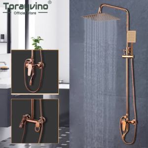 LDIES Torayvino Rose Gold Rectangle Rainfall Shower Head Bathroom Showers Faucet Wall Mounted Bathtub Shower System Mixer Water Tap R6P5Q