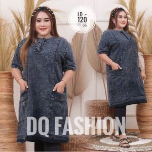 Dress Jeans Jumbo XXL Atasan Wanita Tunik Lengan Pendek Tazkia Dress Sabrina Polos Terbaru