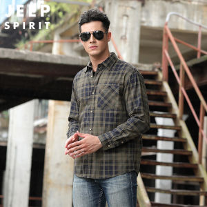 JEEP SPIRIT Mens Shirt Long Sleeve Thin Loose Military Plaid Shirt Cotton Workwear