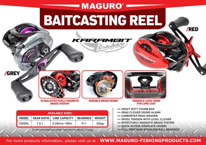 Reel Maguro BC KARAMBIT 100 SHL Gear Ratio 7.5:1 Bearings 9+1 Line Capacity 0.28-180 mm Magnetic Brake System Drag Clicker Sound Alarm Durable Brass Gears Quick Access Side Plates