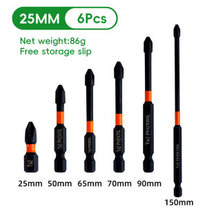 Magnetic Cross Screwdriver Impact Drill Bit Set Alloy Steel Heavy Duty 6PCS High Torque Impact Resistance Rust-Proof S2 Alloy Steel Magnetic