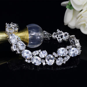 SEQUITO High Quality White Gold Plated Paved Setting Oval AAAAA Cubic Zirconia Pendant Wide Bracelet Exquisite Women Anniversary Gift Jewelry B206