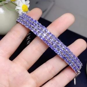 Natural Vivid‑Purple Tanzanite BraceletS925 Fine Silver Inlay 3*4mm Main StoneLuxury Pave‑Set Gem Bracelet for Women