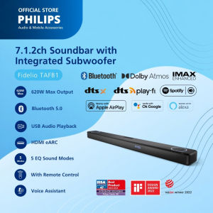 Philips 7.1.2ch Soundbar with Integrated Subwoofer Fidelio. Bluetooth 5.0 HDMI eARC USB Audio Playback 620W Max Output 5 EQ Sound Modes Remote Control Voice Assistant. (TAFB1)