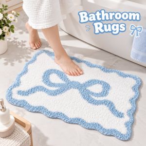 Home&Life.8 Cute Bowknot Coquette Aesthetic Faux Cashmere Soft Non Slip Absorbent Pink Blue Bath Mat For Bathroom Bedroom Floor