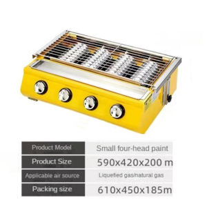 XINHONG Commercial Gas Griller LPG Heavy Duty Widen Grill 4 Heads Stainless Steel Gas Barbecue Grill Smokeless Barbecue Grill Non Stick