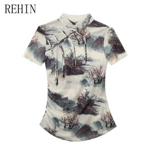 REHIN High-end Retro-style buckle stand collar short-sleeved T-shirt printed fashionable design perfect as a bottoming shirt or European-style tops