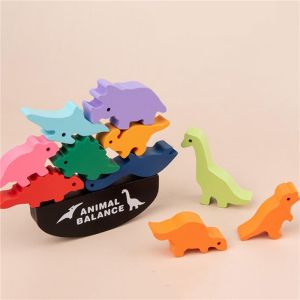 Children Montessori Wooden Animal Balance Blocks Board Games Toy Dinosaur Educational Stacking High Building Block Wood Toy Boys