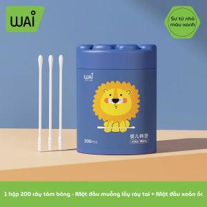Tăm bông cho bé sơ sinh WAI  bông tự nhiên cao cấp hộp 200 que vệ sinh tai mũi an toàn