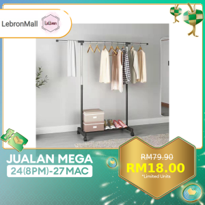 LEBRON READY STOCK Adjustable Rolling Coat Rack Double Rod Clothes Rack Stainless Steel Hanger Floor Storage Organizer Clothing Wall