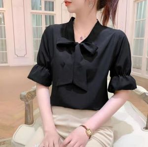 Korean Style Summer Short Sleeve Shirt For Women Lace Up Bow-knot Princess Sleeve Chiffon top